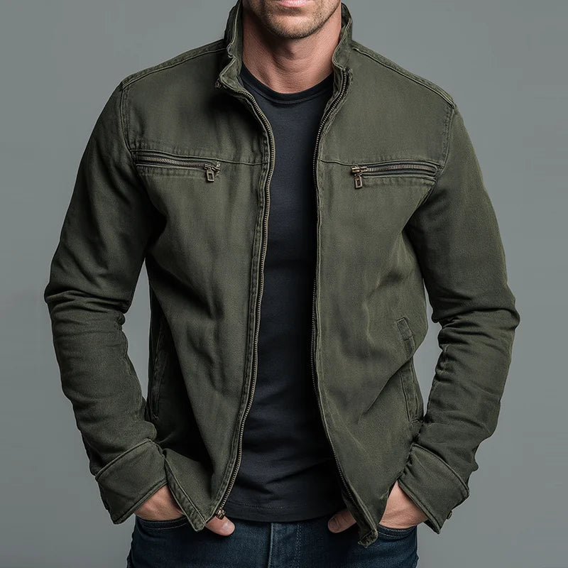 Men's Vintage Zip-Up Jacket Relaxed Fit Military Style Utility Pockets