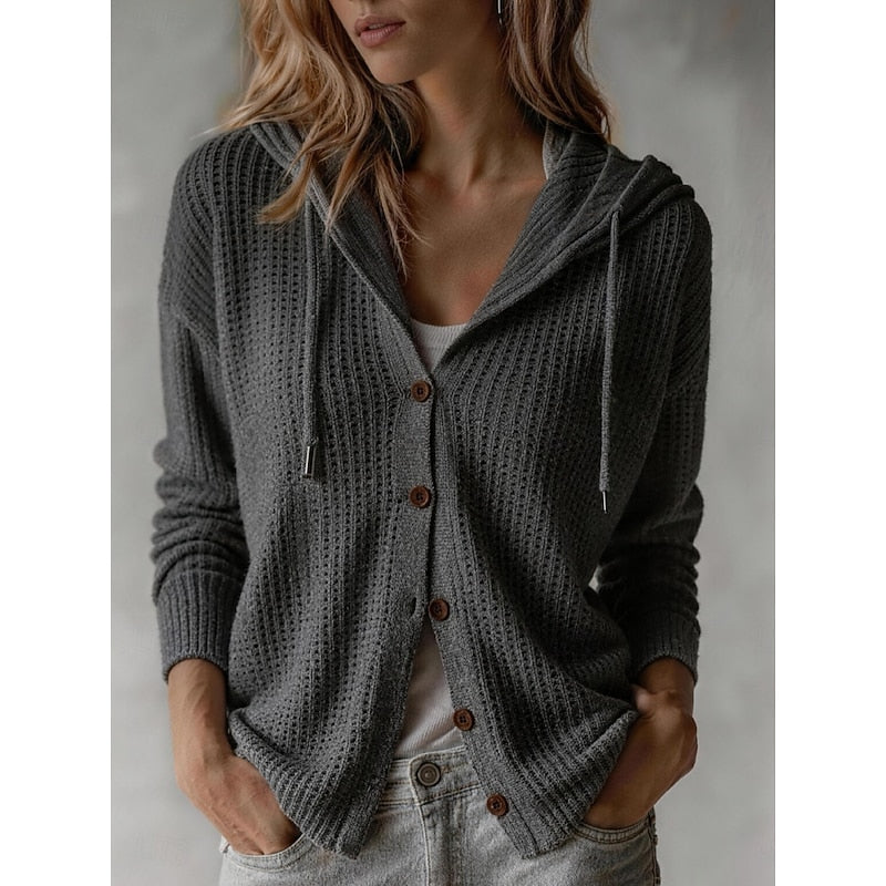 Women's Hooded Cardigan Sweater Button-Front Ribbed Cuffs Casual Layering