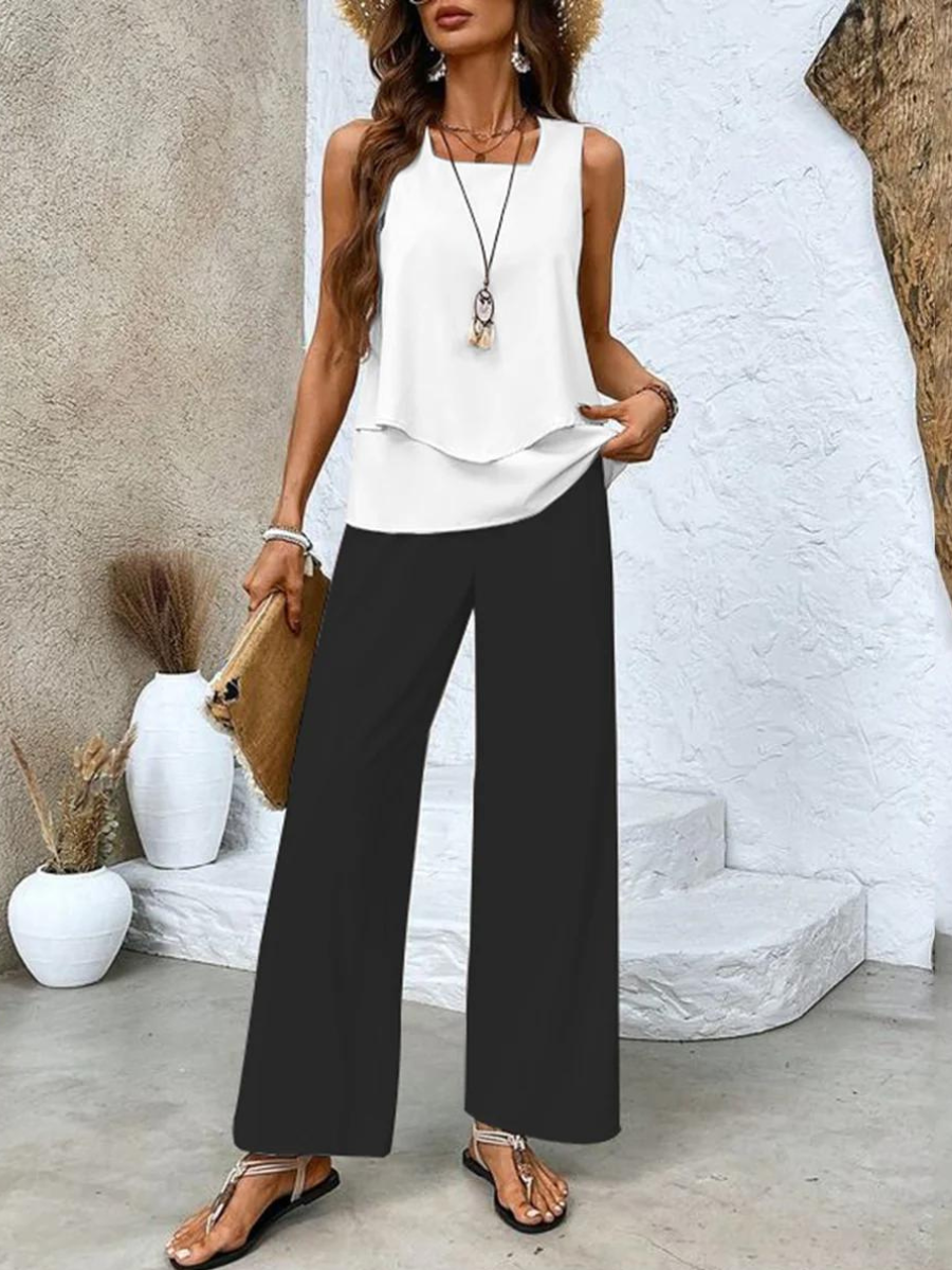 Women's Layered Tank Top and Wide Leg Trouser Set Casual Relaxed Fit Versatile Everyday Chic