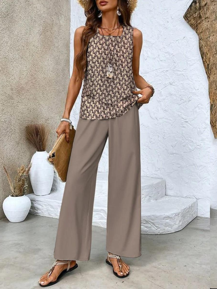 Women's Layered Tank Top and Wide Leg Trouser Set Casual Relaxed Fit Versatile Everyday Chic