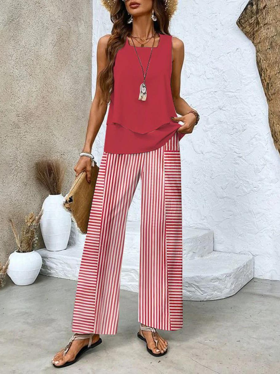 Women's Layered Tank Top and Wide Leg Trouser Set Casual Relaxed Fit Versatile Everyday Chic