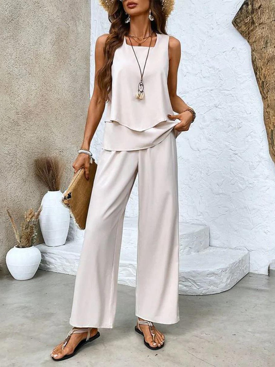 Women's Layered Tank Top and Wide Leg Trouser Set Casual Relaxed Fit Versatile Everyday Chic