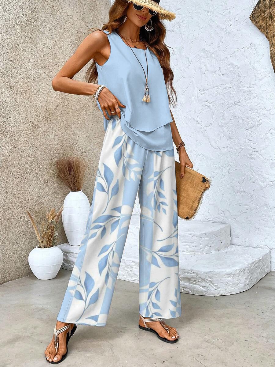 Women's Layered Tank Top and Wide Leg Trouser Set Casual Relaxed Fit Versatile Everyday Chic