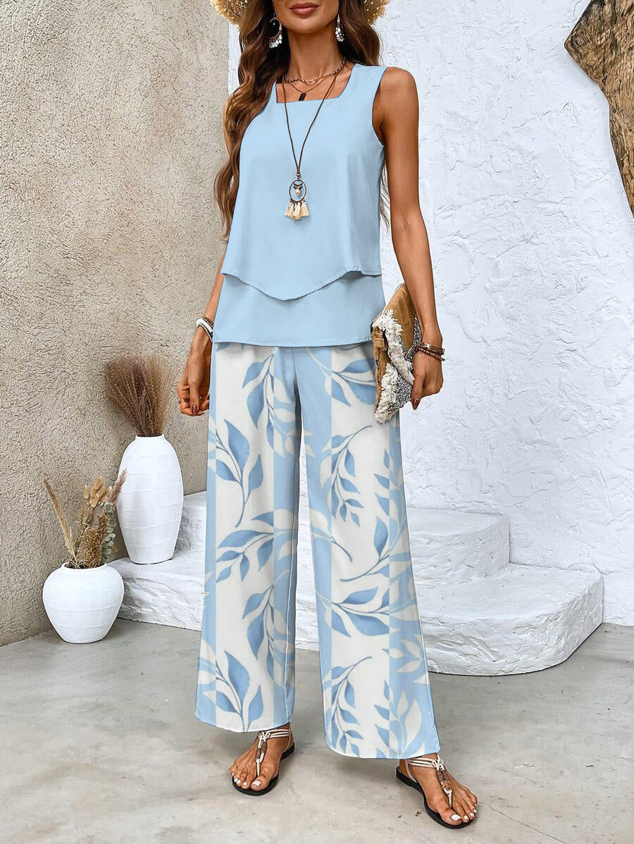Women's Layered Tank Top and Wide Leg Trouser Set Casual Relaxed Fit Versatile Everyday Chic