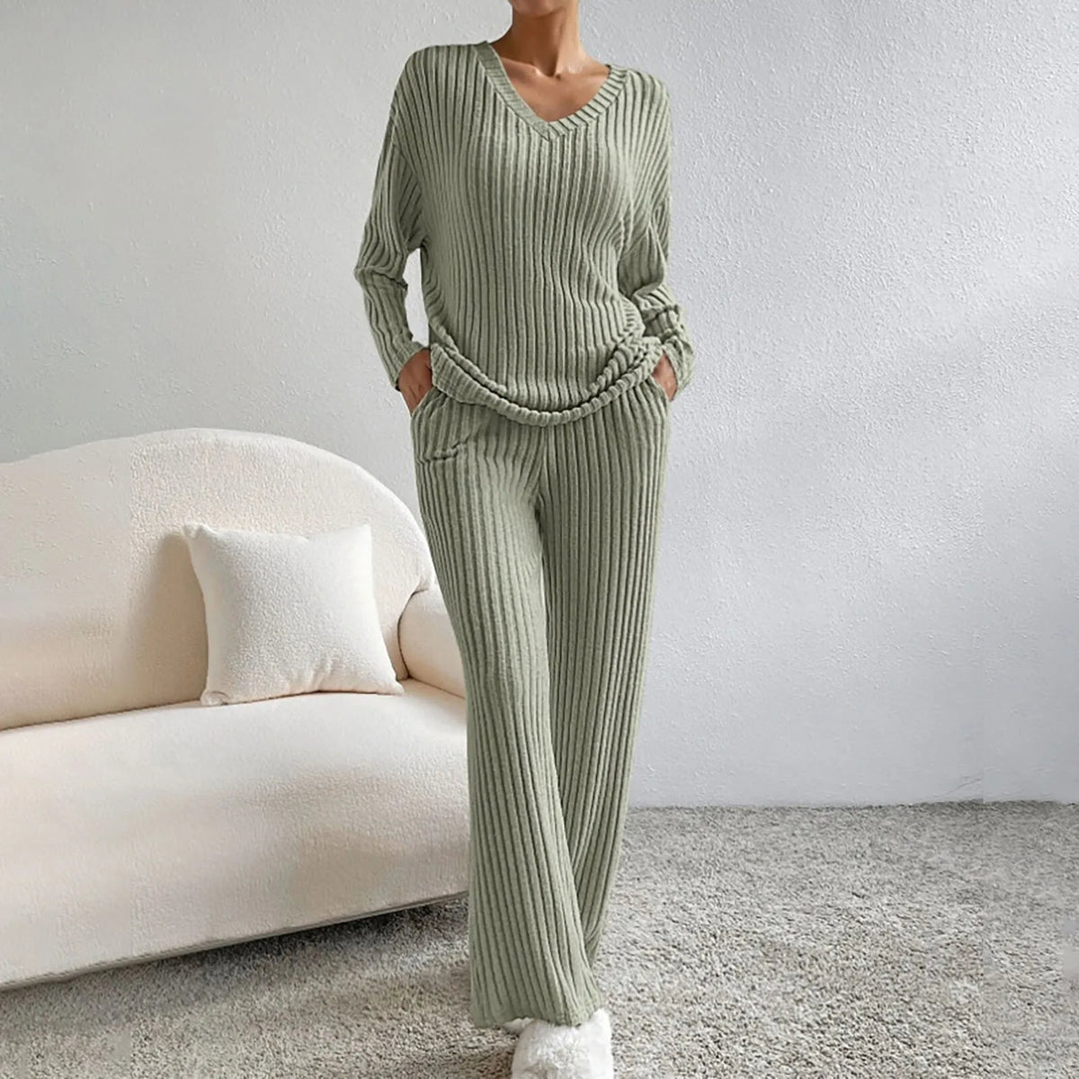 Women's Cosy Ribbed Knit Lounge Set Relaxed Fit Long Sleeve Casual Everyday