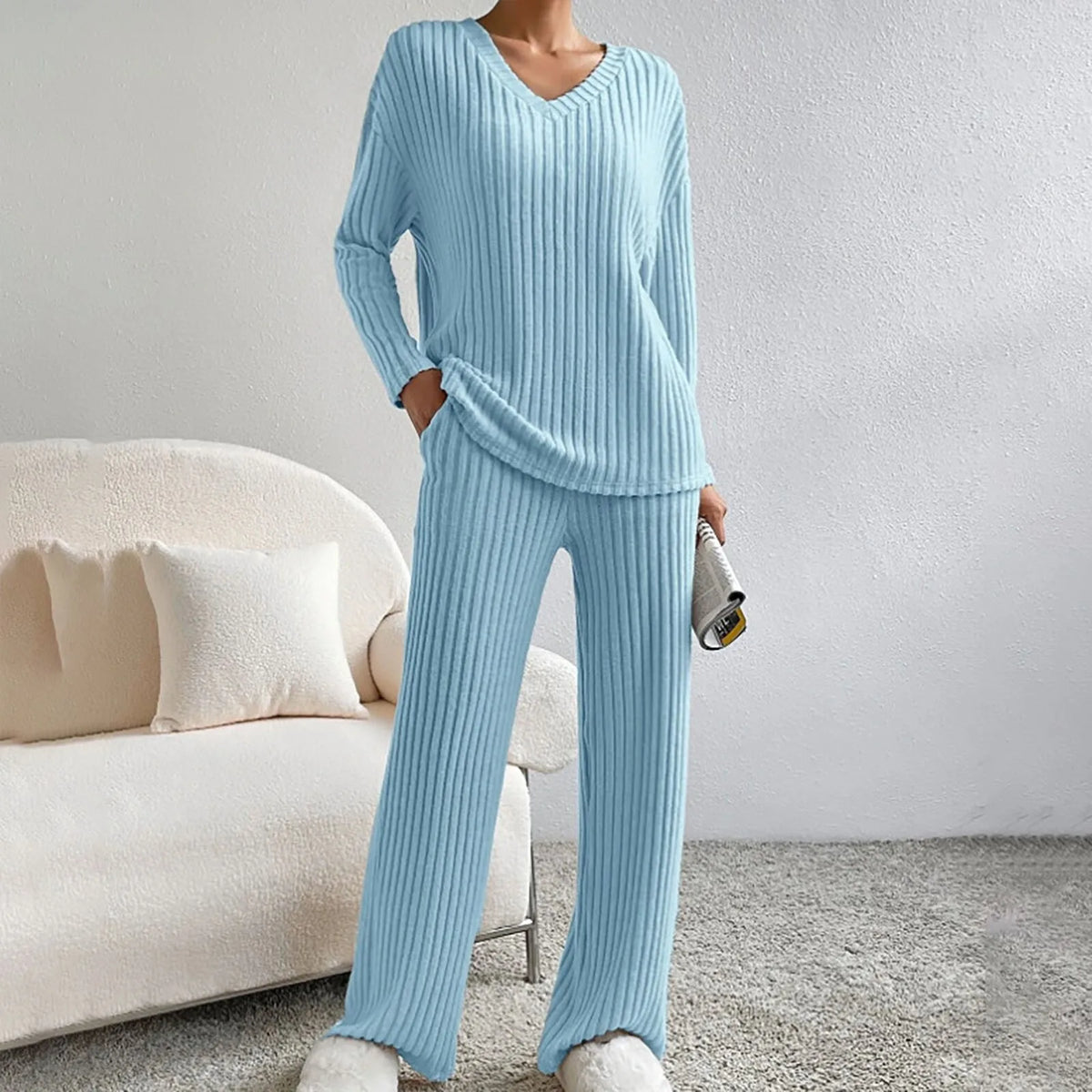 Women's Cosy Ribbed Knit Lounge Set Relaxed Fit Long Sleeve Casual Everyday