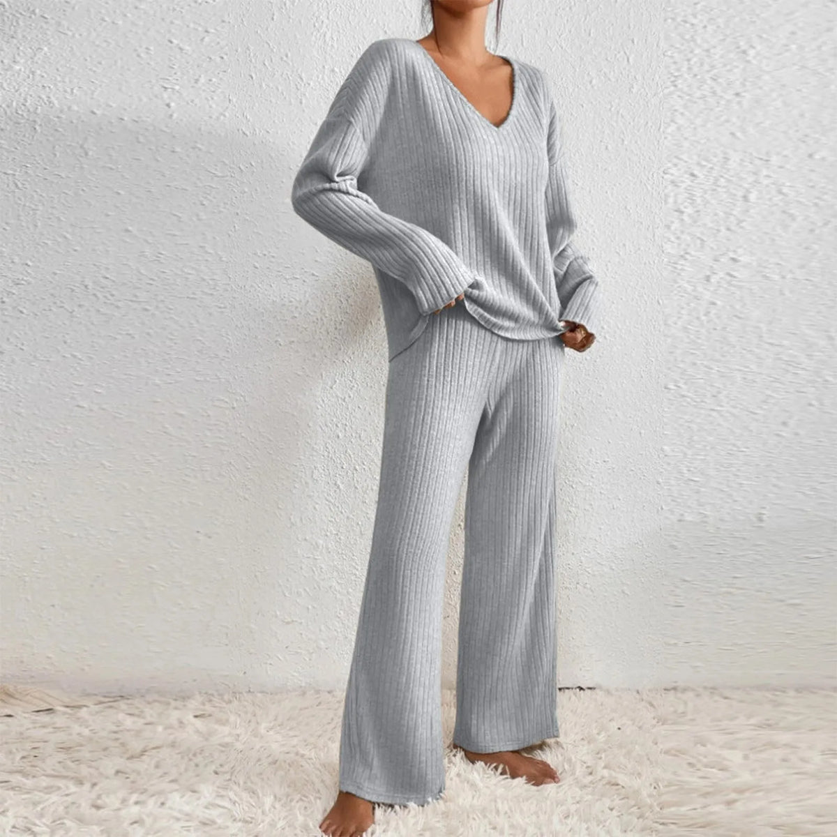 Women's Cosy Ribbed Knit Lounge Set Relaxed Fit Long Sleeve Casual Everyday