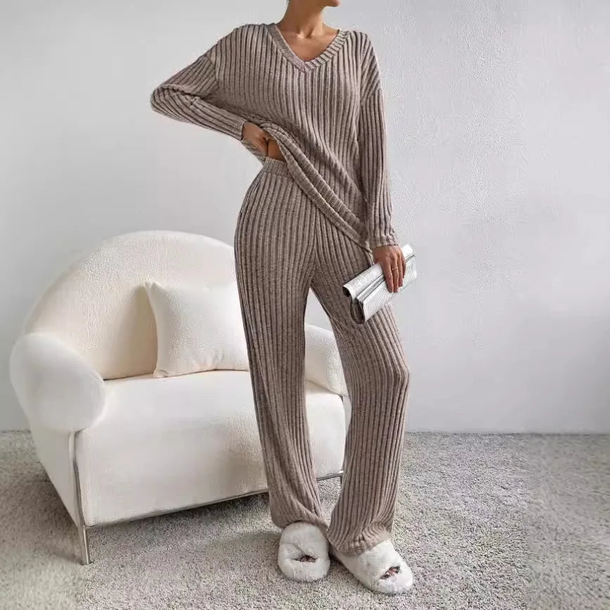 Women's Cosy Ribbed Knit Lounge Set Relaxed Fit Long Sleeve Casual Everyday