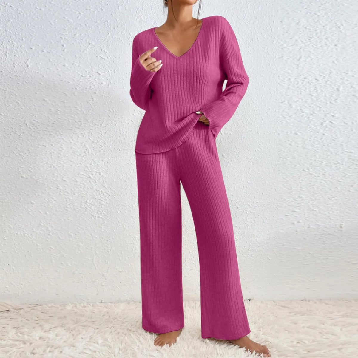 Women's Cosy Ribbed Knit Lounge Set Relaxed Fit Long Sleeve Casual Everyday