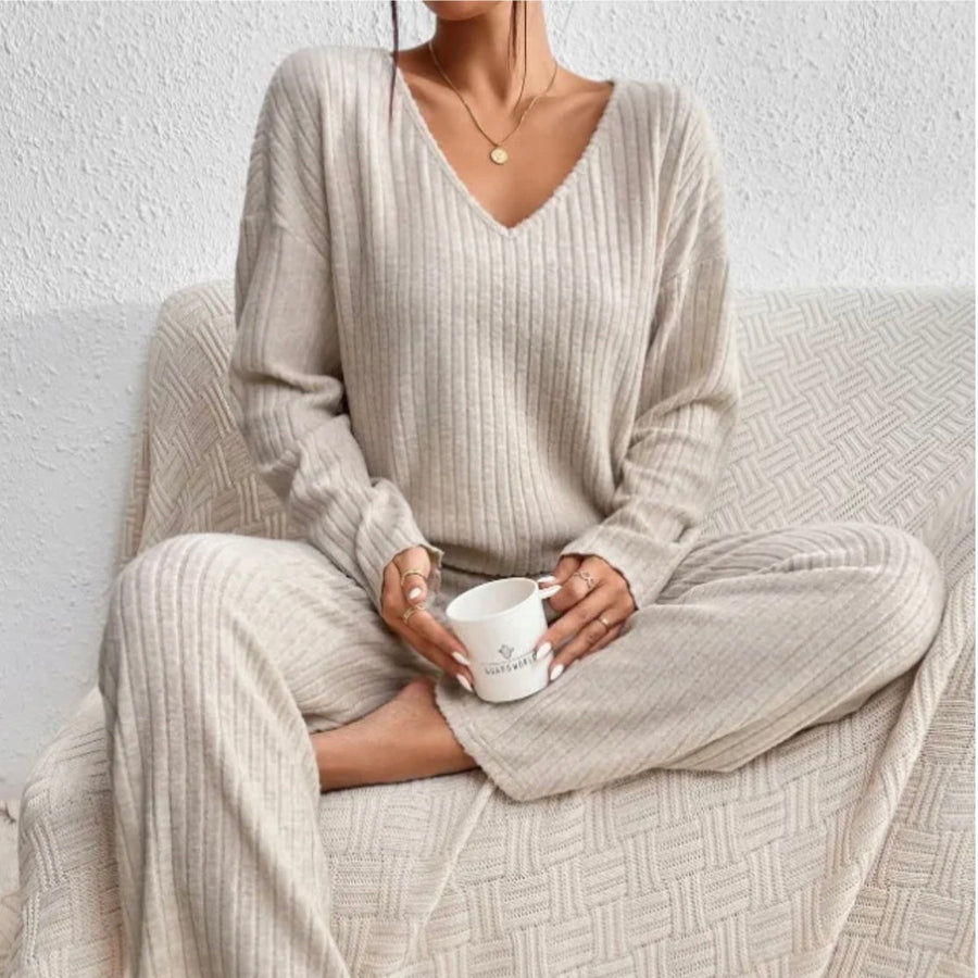 Women's Cosy Ribbed Knit Lounge Set Relaxed Fit Long Sleeve Casual Everyday