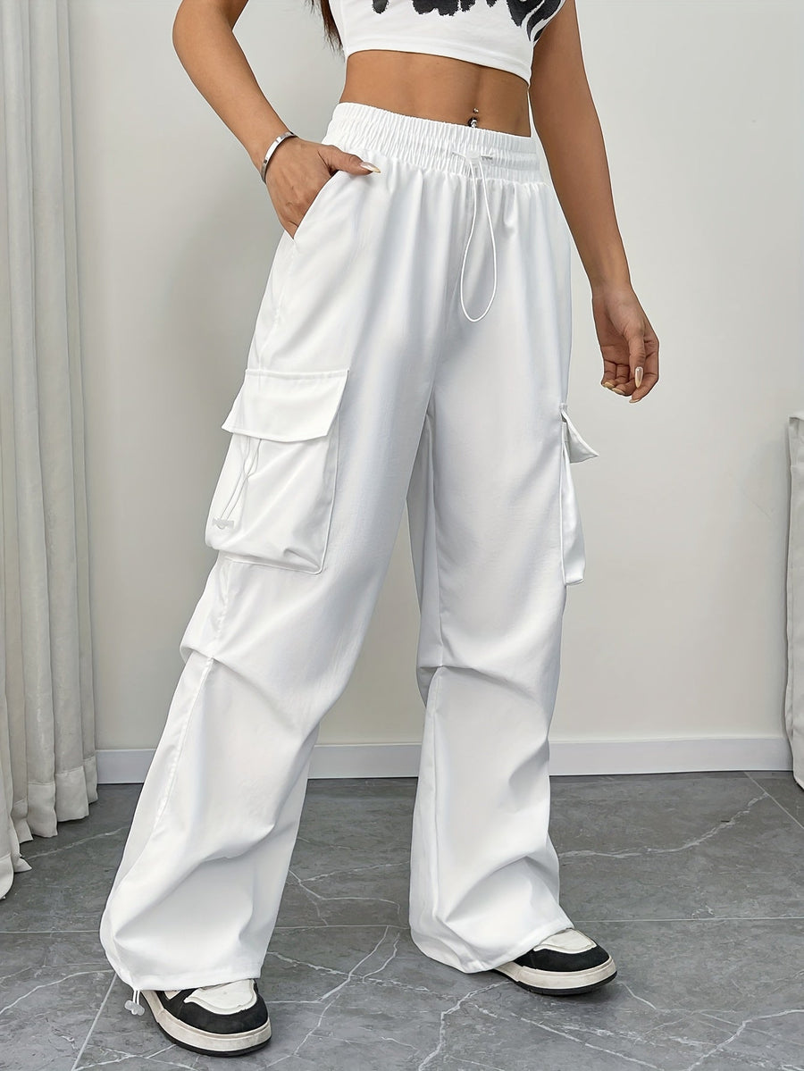 Women's Wide-Leg Cargo Trousers High-Waisted Utility Pockets Relaxed Fit Casual