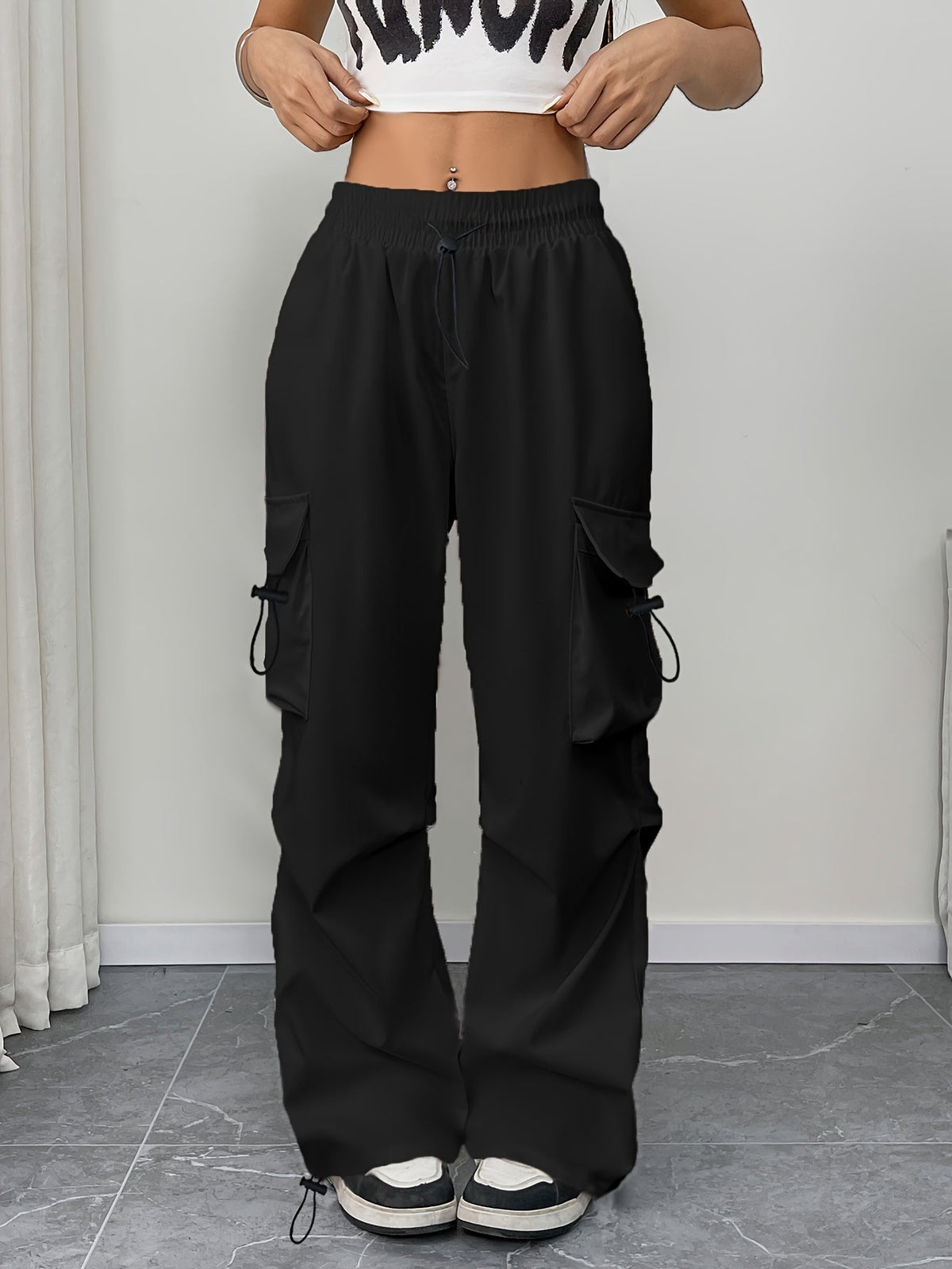 Women's Wide-Leg Cargo Trousers High-Waisted Utility Pockets Relaxed Fit Casual