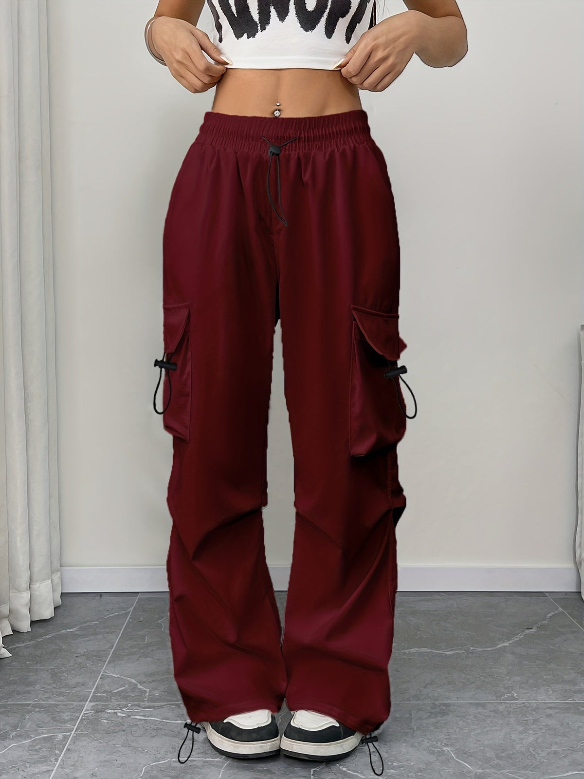 Women's Wide-Leg Cargo Trousers High-Waisted Utility Pockets Relaxed Fit Casual