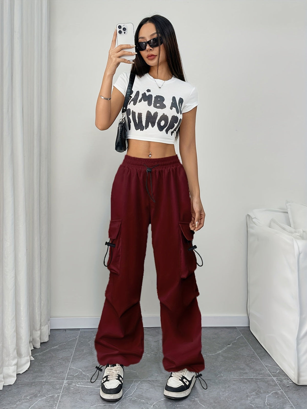 Women's Wide-Leg Cargo Trousers High-Waisted Utility Pockets Relaxed Fit Casual