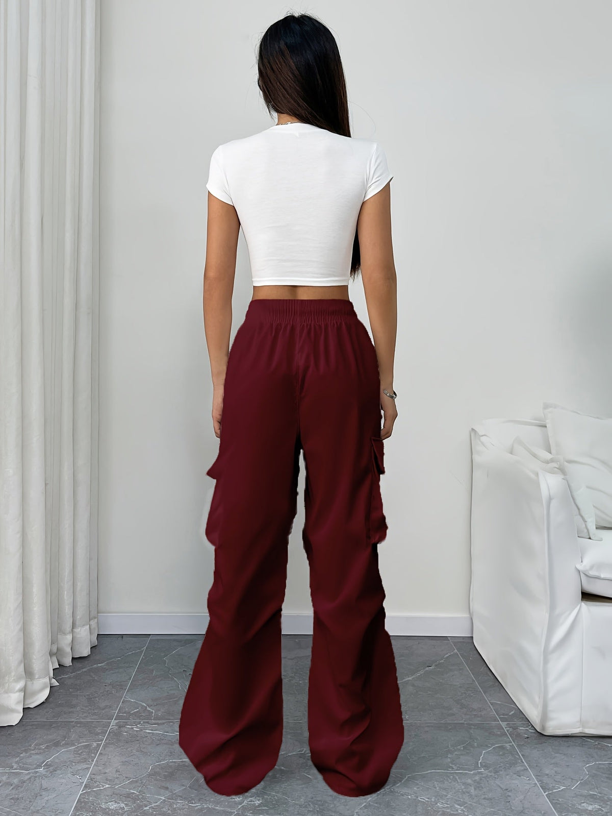 Women's Wide-Leg Cargo Trousers High-Waisted Utility Pockets Relaxed Fit Casual