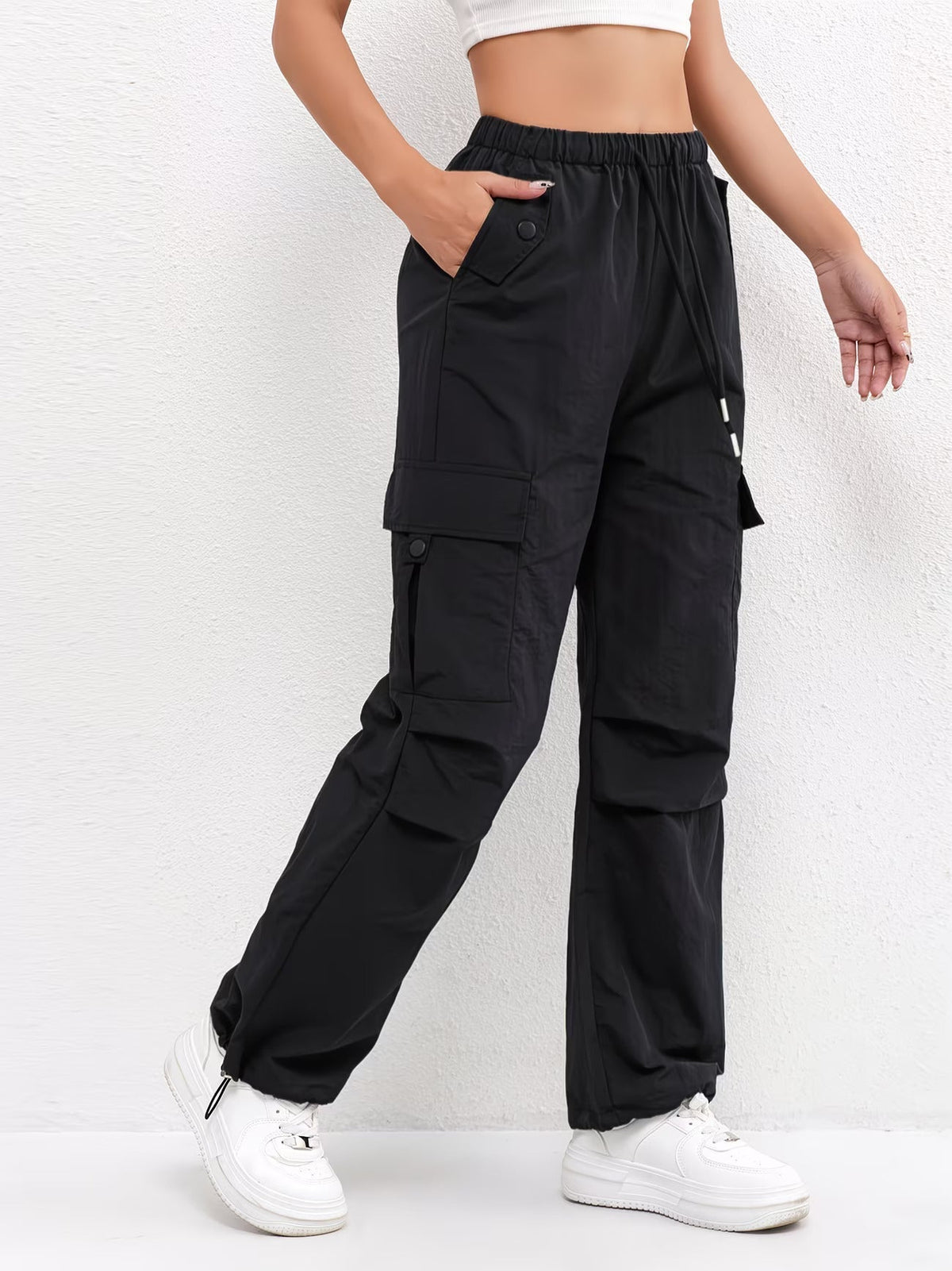 Women's Casual Drawstring Trousers Cargo Pockets Relaxed Fit Everyday Wear