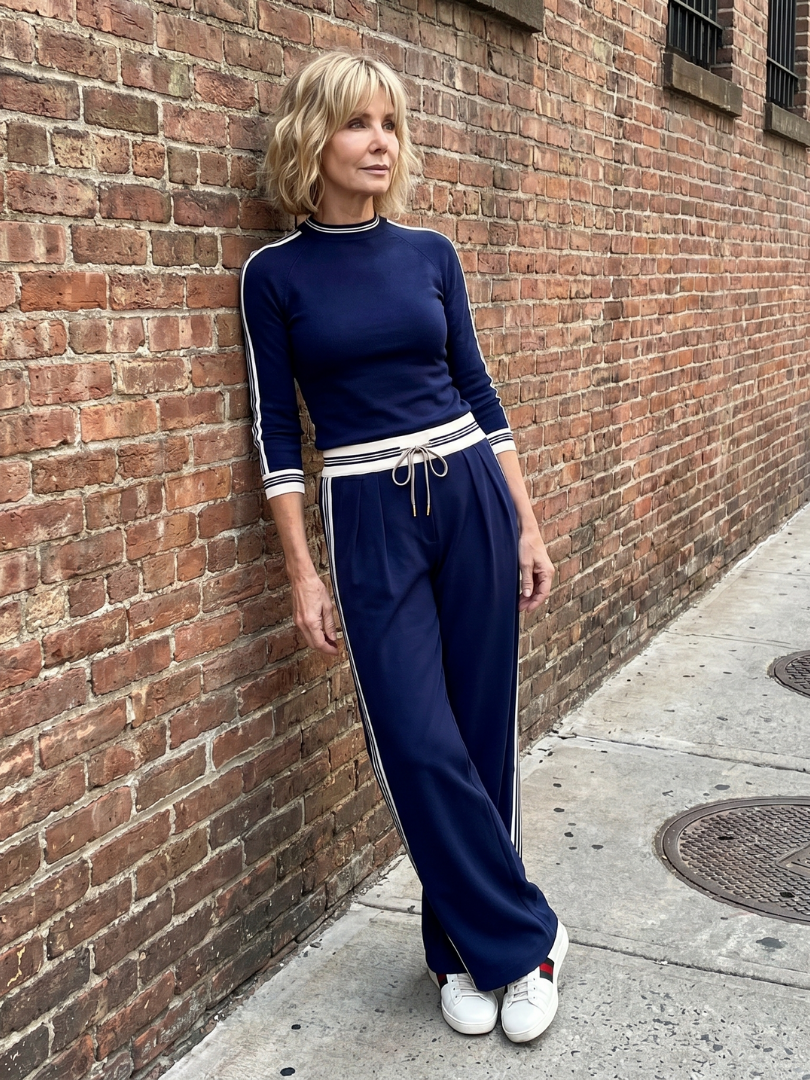 Women's Knit Lounge Set Long Sleeve Top Relaxed Fit Wide Leg Pants Casual