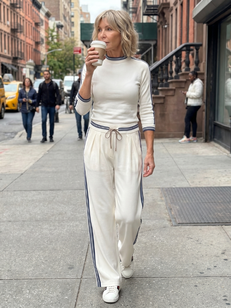 Women's Knit Lounge Set Long Sleeve Top Relaxed Fit Wide Leg Pants Casual