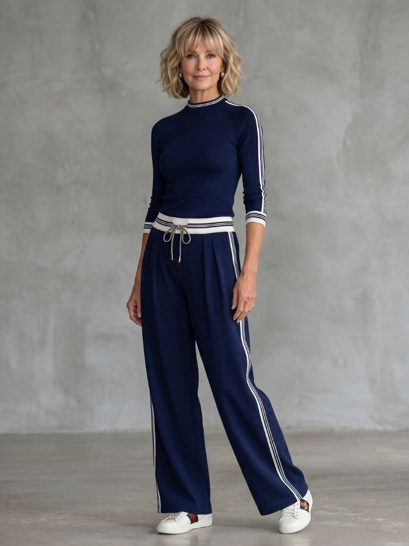 Women's Knit Lounge Set Long Sleeve Top Relaxed Fit Wide Leg Pants Casual