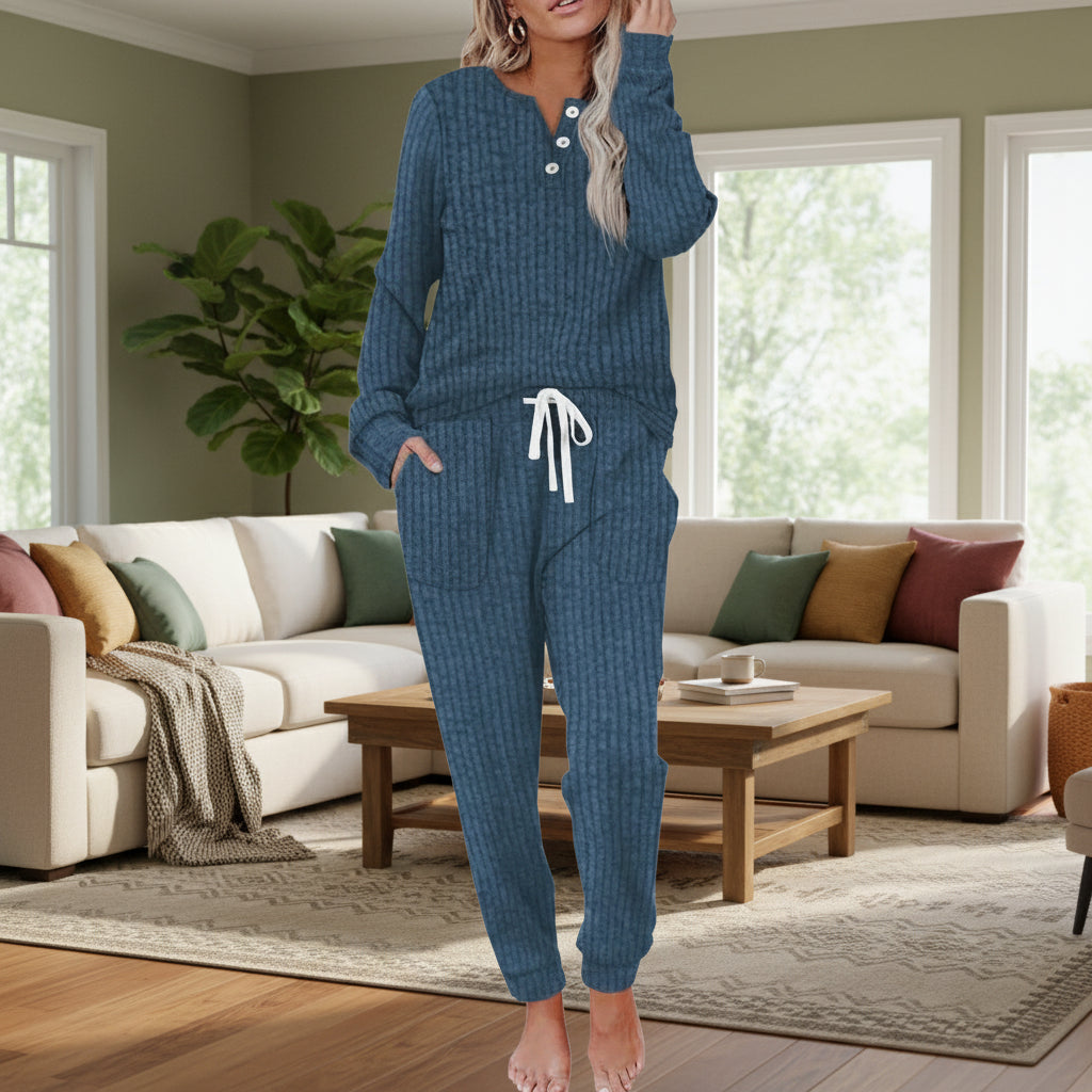 Women's Ribbed Knit Lounge Set Long Sleeve Henley Top and Jogger Pants Relaxed Fit Casual Comfort