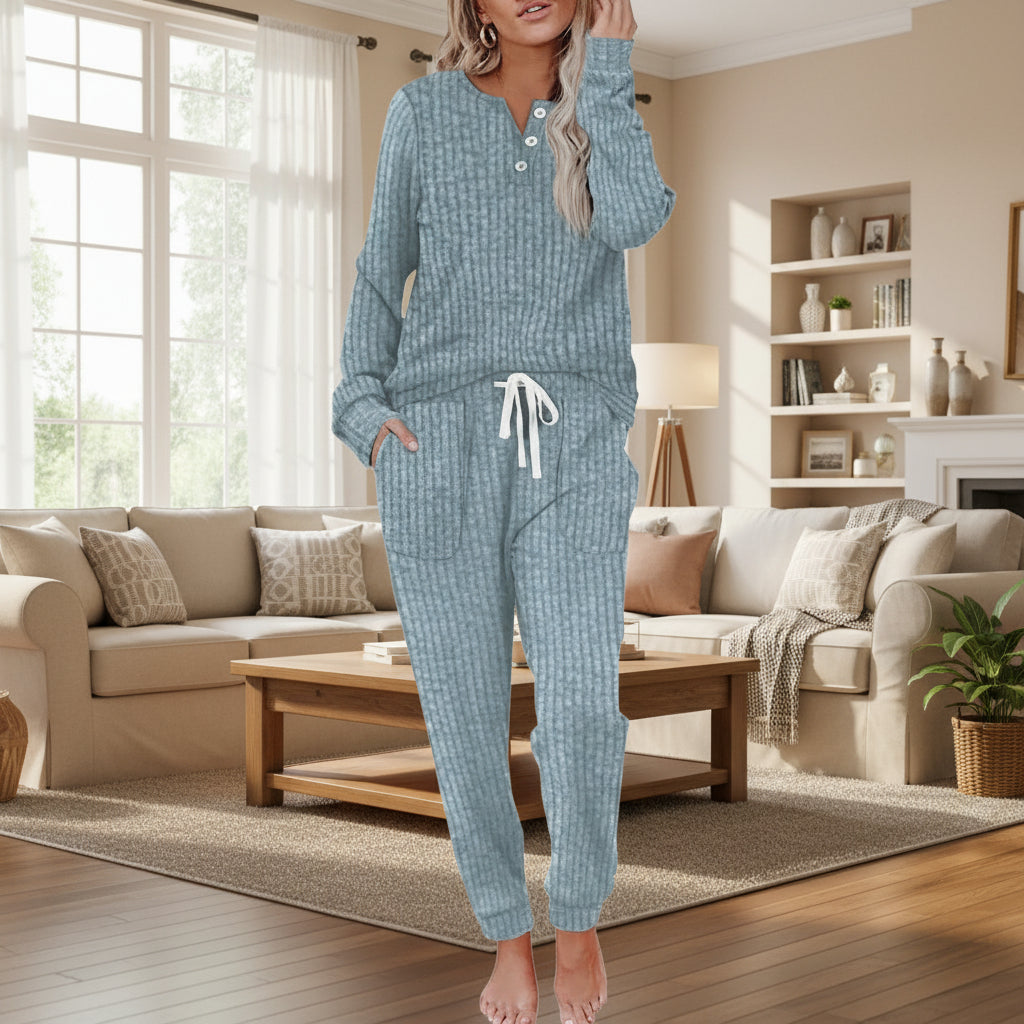 Women's Ribbed Knit Lounge Set Long Sleeve Henley Top and Jogger Pants Relaxed Fit Casual Comfort