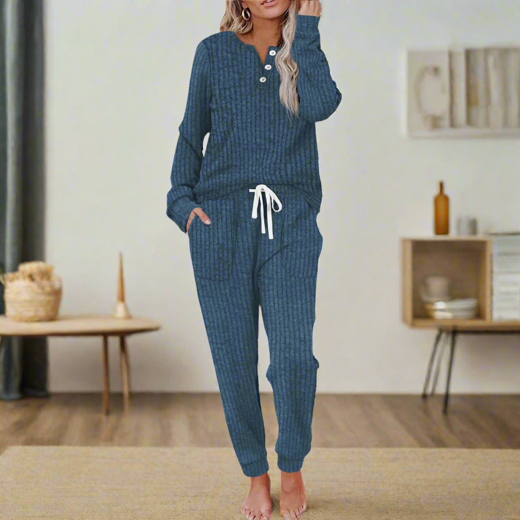 Women's Ribbed Knit Lounge Set Long Sleeve Henley Top and Jogger Pants Relaxed Fit Casual Comfort