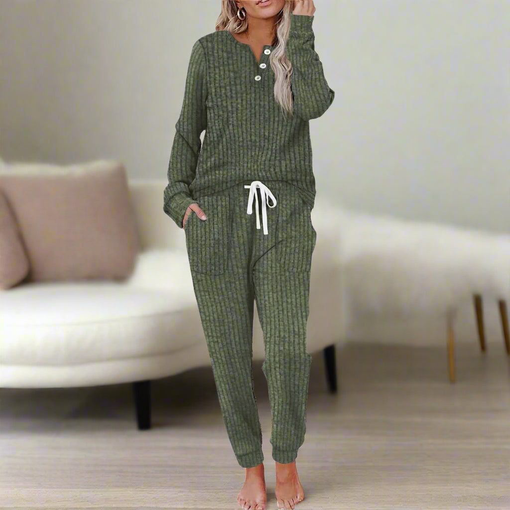 Women's Ribbed Knit Lounge Set Long Sleeve Henley Top and Jogger Pants Relaxed Fit Casual Comfort