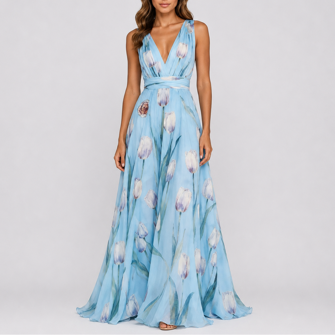 Women's Elegant Floral Maxi Dress Sleeveless V-Neck Fitted Evening Occasion