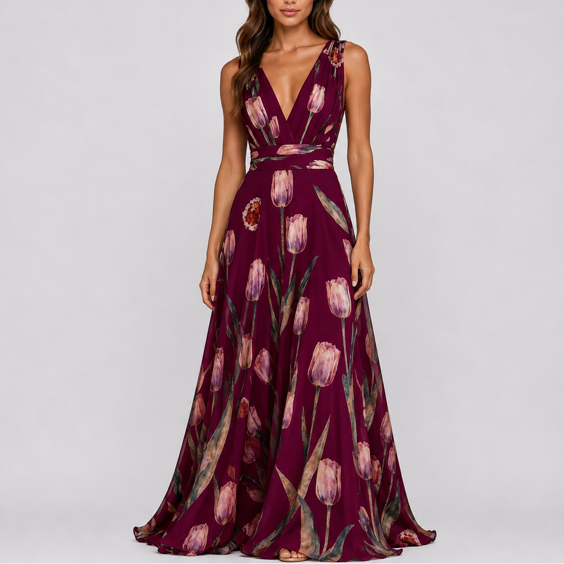 Women's Elegant Floral Maxi Dress Sleeveless V-Neck Fitted Evening Occasion