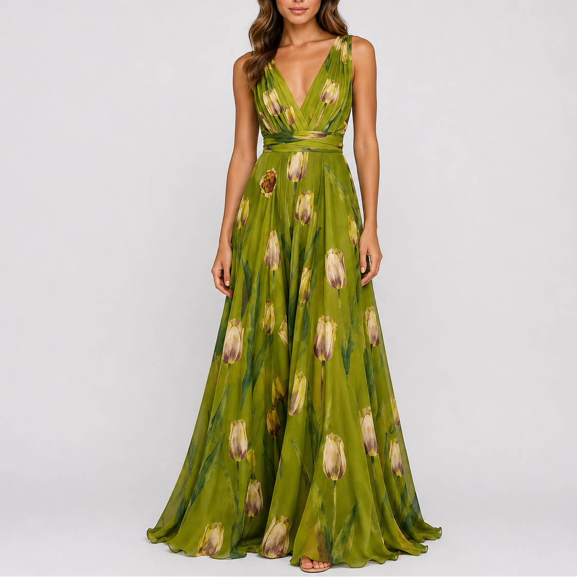 Women's Elegant Floral Maxi Dress Sleeveless V-Neck Fitted Evening Occasion