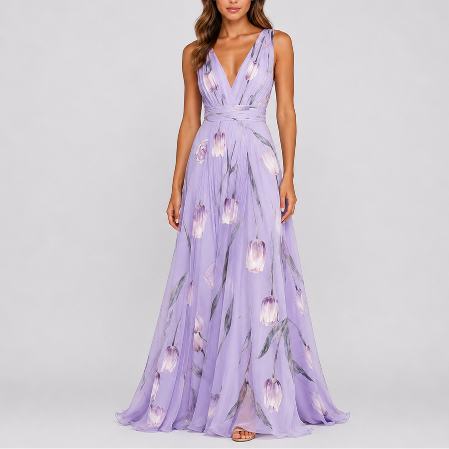 Women's Elegant Floral Maxi Dress Sleeveless V-Neck Fitted Evening Occasion
