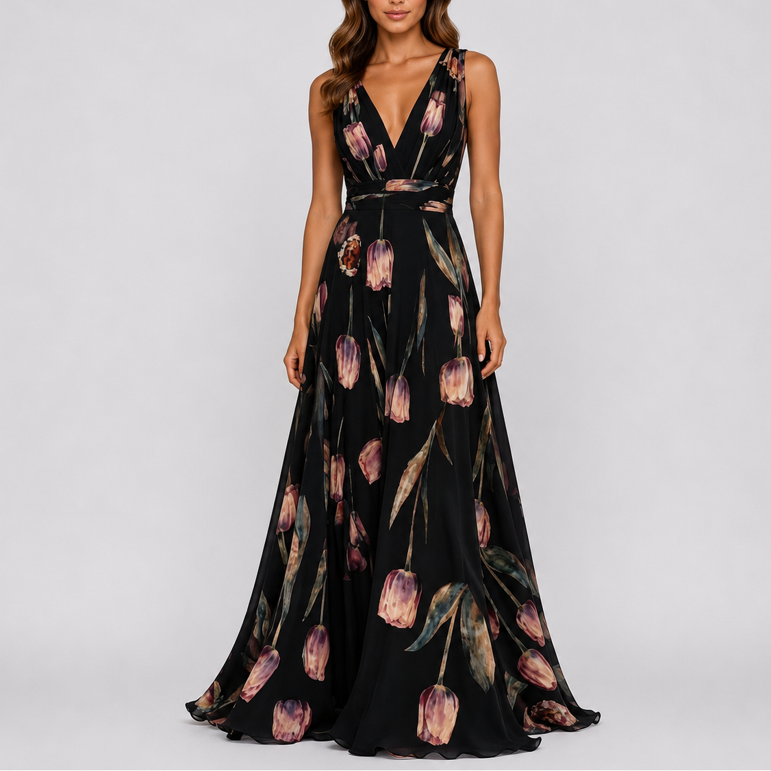 Women's Elegant Floral Maxi Dress Sleeveless V-Neck Fitted Evening Occasion