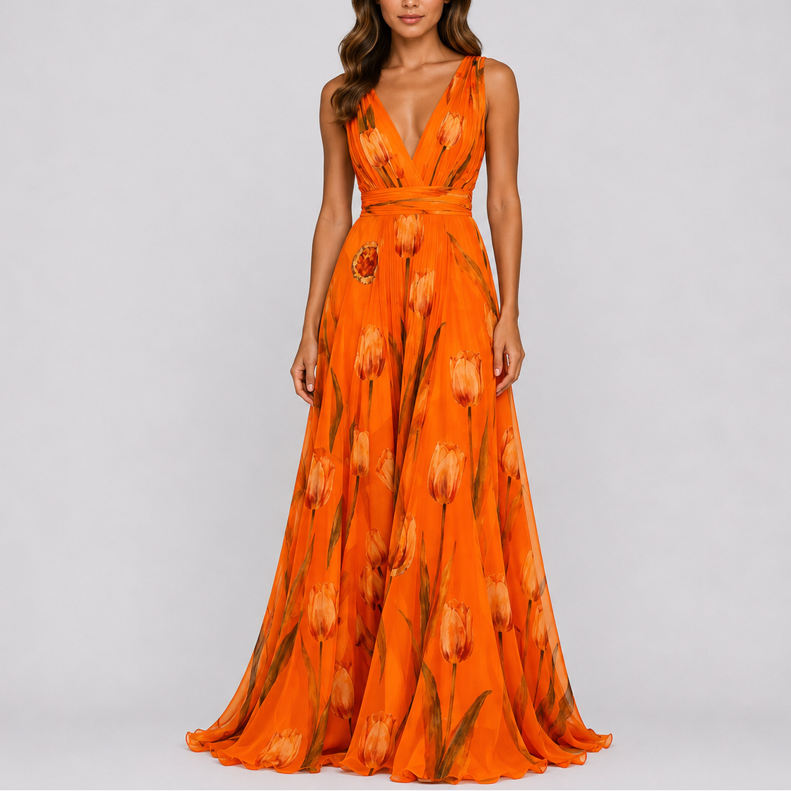 Women's Elegant Floral Maxi Dress Sleeveless V-Neck Fitted Evening Occasion