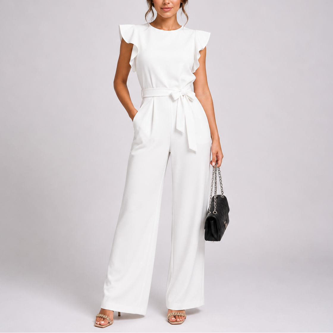 Women's Elegant Wide-Leg Jumpsuit Ruffle Sleeves Relaxed Fit Stylish Occasion