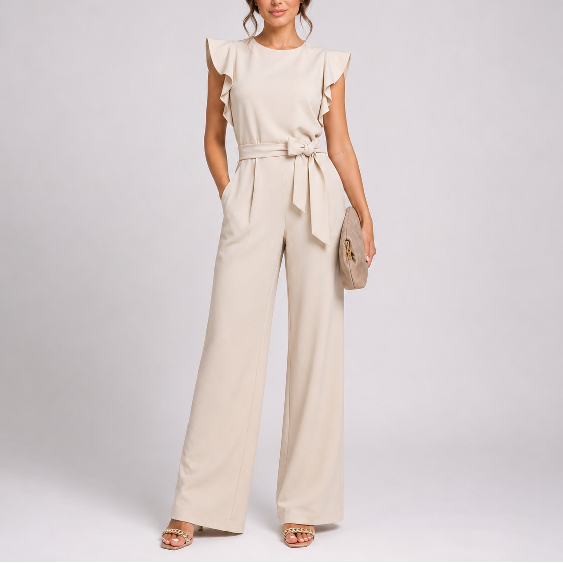 Women's Elegant Wide-Leg Jumpsuit Ruffle Sleeves Relaxed Fit Stylish Occasion