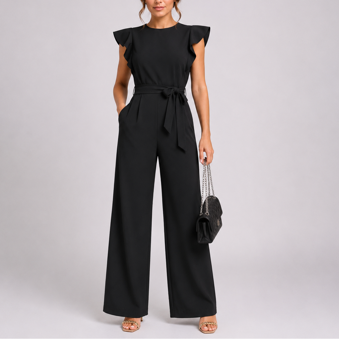 Women's Elegant Wide-Leg Jumpsuit Ruffle Sleeves Relaxed Fit Stylish Occasion