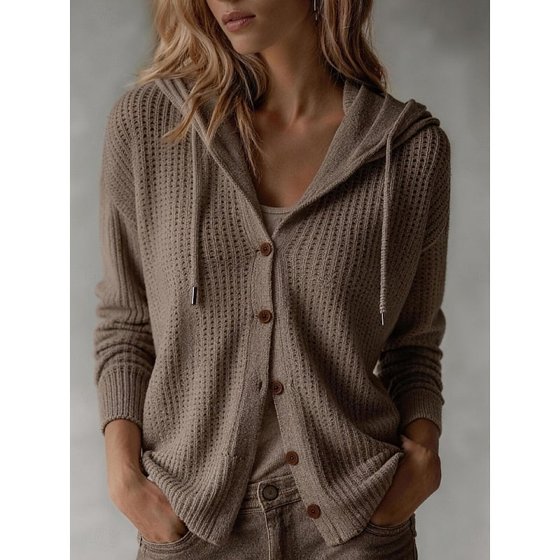 Women's Hooded Cardigan Sweater Button-Front Ribbed Cuffs Casual Layering